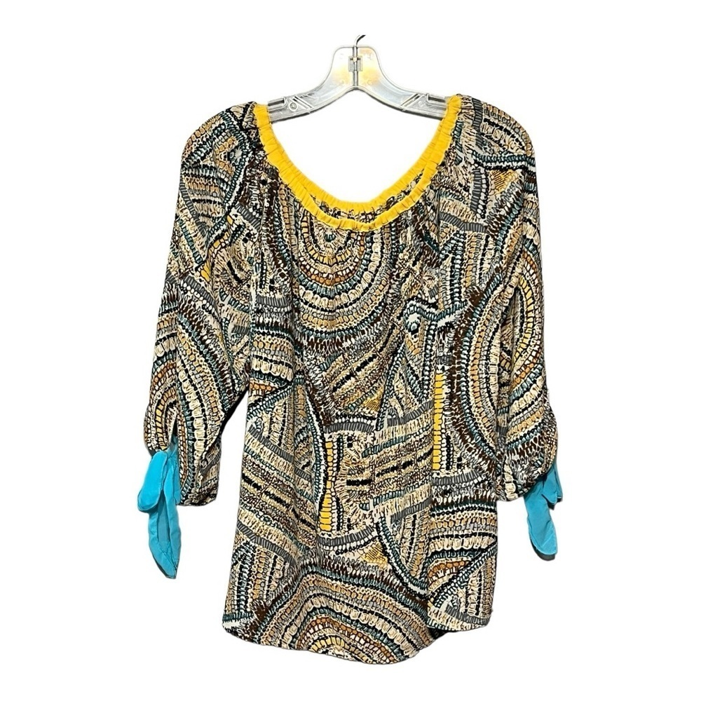 Umgee Harmony Top Blue Yellow Print Quarter Sleeve Blouse Large